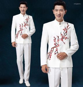 Costumes pour hommes Blanc Rouge Bleu Hommes Chinois Tunique Costume Ensemble Avec Pantalon Hommes Blazers De Mariage Marié Robe Pantalon Arrivée Costume Slim Mode