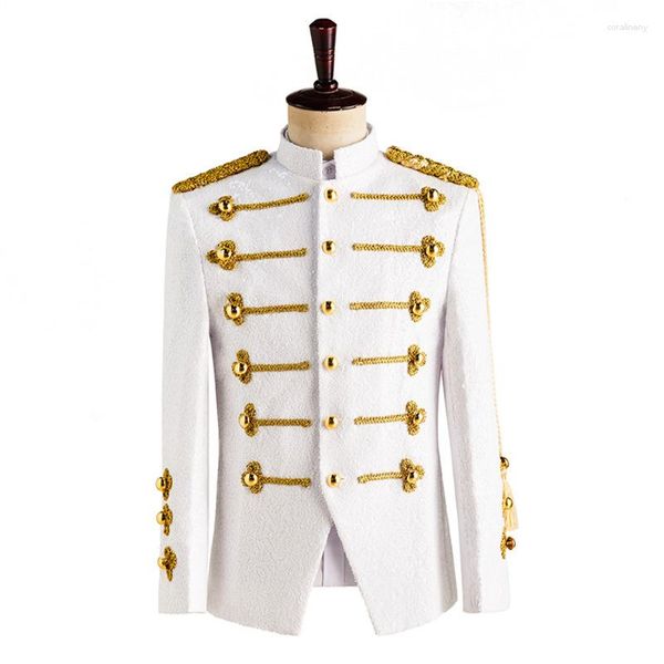 Trajes para hombre, chaqueta militar con adorno de lentejuelas blancas, chaqueta para hombre, esmoquin gótico Steampunk, traje para hombre