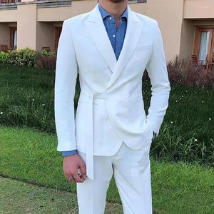 Costumes masculins White Slim Fit Men avec ceinture 2 pièces Mariage de mariage Prom Terno Masculino Custome Homme Tuxedo Blazer