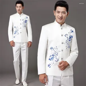 Trajes para hombre, traje de porcelana con cuello levantado blanco, conjunto de traje túnica China delgado para hombre con pantalones, vestido Formal para novio de boda, Pan