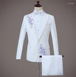 Costumes pour hommes White Star Style Dance Stage Hôte Maître de cérémonie Hommes Costume Ensemble avec pantalon 2023 Mens Mariage Paillettes Robe formelle Cravate
