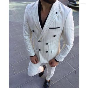 Costumes pour hommes White Stripe Men Slim Fit Double Breasted Wedding Groom Tuxedos For Prom Mariage 2 Pcs Peaked Lapel Blazer (Veste Pantalon)