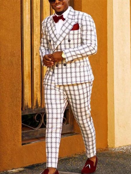 Trajes de hombre traje blanco 2 piezas Blazer pantalones doble botonadura pico solapa esmoquin negocios tartán cubos boda novio traje Homme