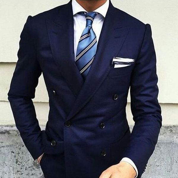 Trajes para hombres Lapa de pico de pico azul marino azul de graduación para el novio ropa de boda blazer fit terno masculino chaqueta fumar 2 piezas