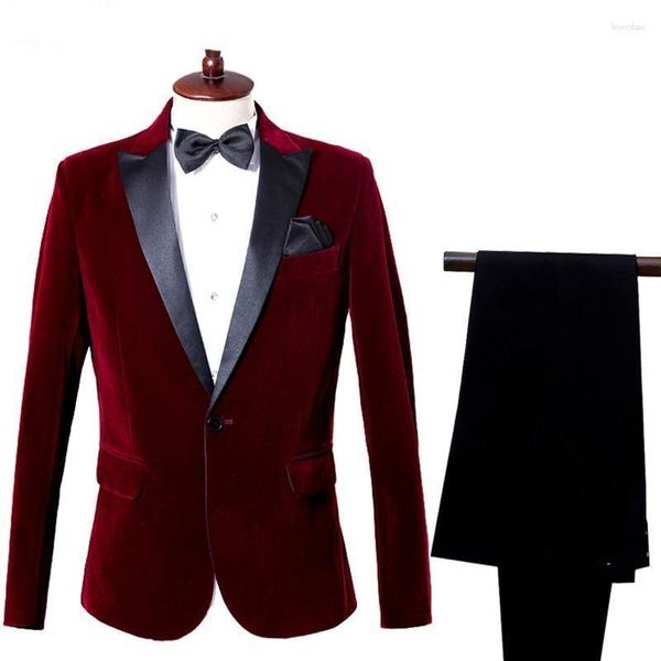 Costumes pour hommes vin rouge/bleu costume décontracté fête hommes Blazer veste scène Slim Fit velours pantalon 2 pièces