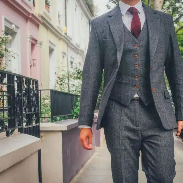 Trajes de hombre Lana de invierno Gris Espiga A cuadros Caballero Negocios Tweed Hombres Novio Boda para 3 piezas Esmoquin