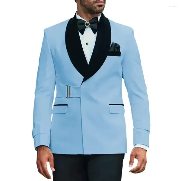 Costumes pour hommes avec boucle coupe régulière 2 pièces noir velours châle revers Tuxedos mariage marié robe de bal sur mesure ceinture Blazer pantalon