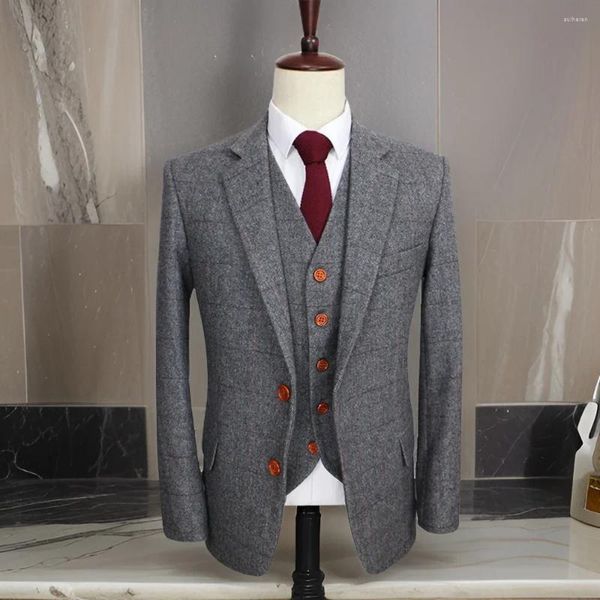 Trajes de hombre de lana estilo británico para hombre 2024 Tweed en espiga 3 uds boda gris ajustado novio esmoquin (chaqueta pantalones chaleco)