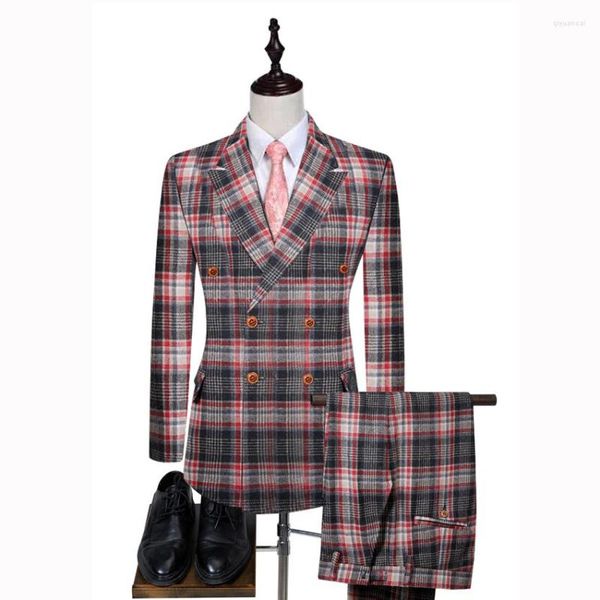 Trajes de hombre Traje de boda a cuadros de lana 2 botones Esmoquin de novio Tweed de doble botonadura hecho a medida 2023 Hombre (pantalones de chaqueta)