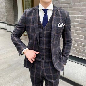 Herenpakken wollen pak voor mannen slanke fit plaid hoogwaardige bruidegom bruiloft ontwerp 3 -delige kostuum mariage homme vintage q651