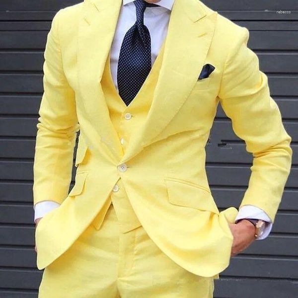 Trajes para hombre, 3 piezas, color amarillo, hechos a medida, últimos diseños de abrigo y pantalón, chaqueta de traje para novios de boda a la moda