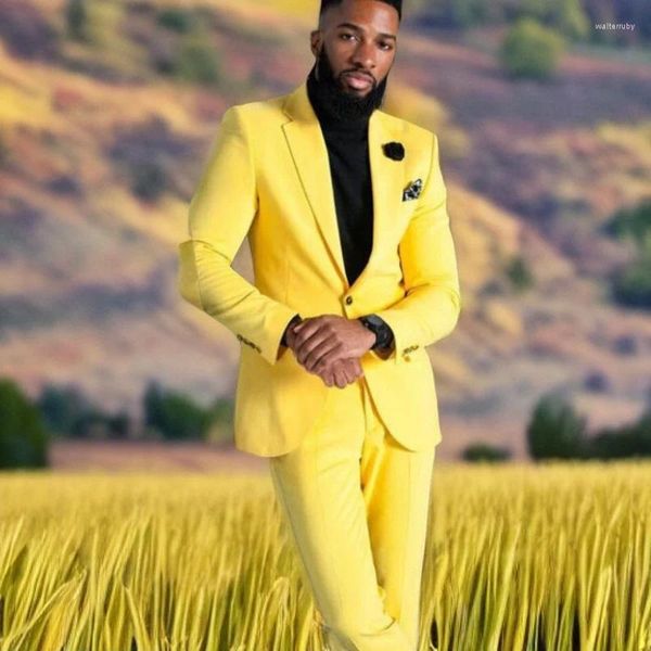 Costumes pour hommes jaune coupe cintrée pour fête de mariage 2 pièces mode africaine smoking de marié (veste pantalon) 2023