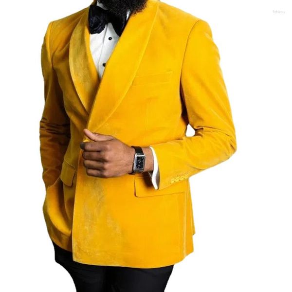 Costumes pour hommes jaune velours hommes avec double boutonnage 2 pièces fête mariage marié smoking homme mode ensemble blazer pantalon noir