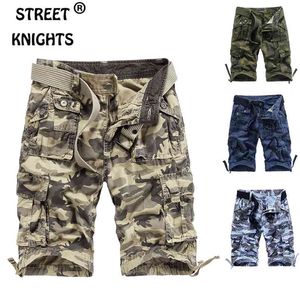 Heren Zomer Casual Losse Camouflage Cargo Shorts Men Multi-Pocket 100% Katoen Straat Militaire Knielengte Strand 210629