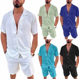 Conjuntos de dos piezas sueltos ocasionales de verano para hombres Playa Sólido Cott Lino Traje de hombre Camisa de manga corta y pantalones cortos Trajes de oficina B77t #
