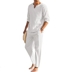 Heren Zomer Katoen Linnen Outfit Set Lange Mouw Henley Shirt Elastische Taille Trekkoord Broek Loungewear Set 240102