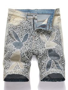 Shorts droits lâches en été masculins, shorts de jean en mailles brodées en bleu rétro, pantalon court à la mode à la plume moyenne