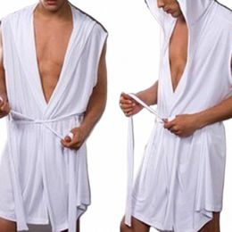 Mannen Zomer Melk Zijde Badjas Capuchon Sleevel Badjas Pyjama Afslanken Medium En Lg Fitting Huishoudelijke Kleding p9ZD #