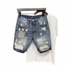 Mannen Zomer Persalized Print Bekrast Denim Shorts Slim Fit Koreaanse Fi Capri Mannen Gat Jeans Shorts O1NZ #