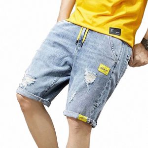 Heren zomer gescheurd denim shorts fi manchet zoom elastische taille middele lengte mannelijke korte jeans kleding i3yj#