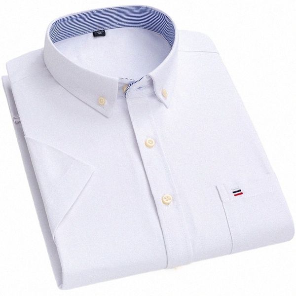 Chemises d'été pour hommes Oxford rayures verticales manches courtes coupe standard lâche plaid solide doux coton homme chemise de grande taille K8ML #