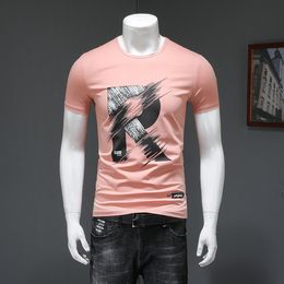 Heren zomer korte mouw t-shirt causaal slanke katoenen ronde nek mannelijke tops alfabet r print tees roze shirt jeugdbasis merceriseerde katoen hoog kwaliteit man kleding m-4xl