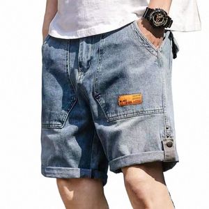 Heren zomer slanke los fitting label denim jogger broek vijfpunt fi blauwe baggy shorts jeans p2de#