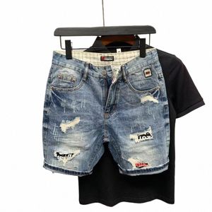 Hommes d'été tube droit Denim Shorts coupe ample Fi marque déchiré Jogger pantalon cinq points bleu Baggy Shorts Jeans j8KA #