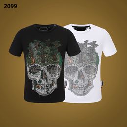 T-shirt d'été pour homme Creative Skull Abstract Forest Lettre Hot Drill Personnalité Tendance Impression Hip Hop Style Col rond Confortable Respirant Haut en pur coton pour homme