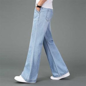 Heren zomer dunne lichtgewicht wijd-been rechte jeans plus size zakelijke casual flare broek zwart blauw 211111