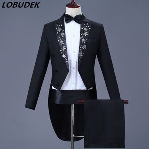 Mannen Swallowtail Kostuum Applique Pailletten Tailcoat Broek Pak Club Magician Stage Outfit Prom Singer Chorus Jurk Zwarte Blazer Host Kleding