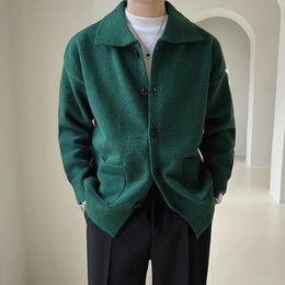 Suéter para hombre, ropa de calle tejida de Color sólido, solapa, manga larga, botón de bolsillo, abrigo informal con frente abierto para hombre 240113