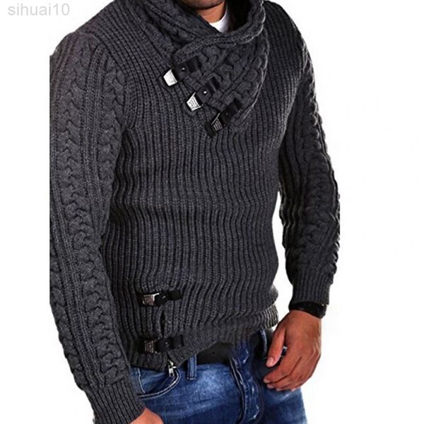 Pull à col roulé pour hommes, motif torsadé, boutons, couleur Pure, pour usage quotidien, automne-hiver, L220801