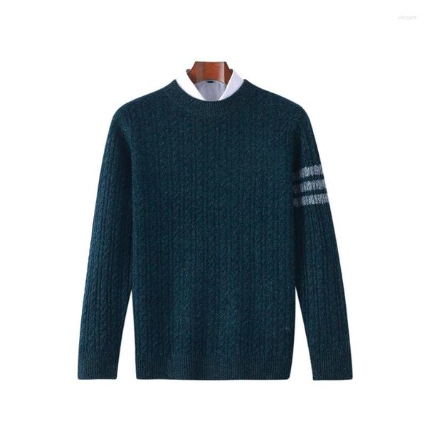 Suéteres para hombres 100 Jersey de lana pura para otoño e invierno Cuello redondo Flor torcida Moda engrosada Color sólido Hermoso suéter