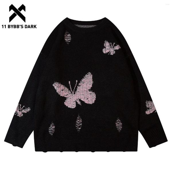 Suéteres para hombres 11 BYBB'S DARK 2023 Harajuku Streetwear Hole Butterflies Knit Sweater Pullover Gothic Oversize Loose Top