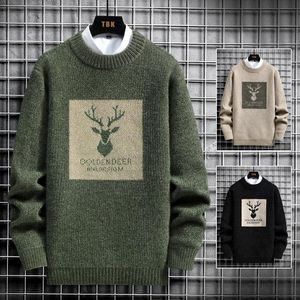 Suéteres para hombre 2021, suéter de punto Vintage de gran tamaño para hombre, suéter con estampado de ciervo para hombre, Hip Hop, Harajuku, blanco