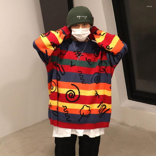 Pulls pour hommes 2022 Color Block Rayé Graffiti Pull Pull Oversize Hommes Col Rond Hip Hop Tricot Streetwear Baggy