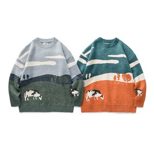 Suéteres para hombres 2022 Cow Prairie Printed Teenagers round Ne Pullover Japanese Loose Casual G221018