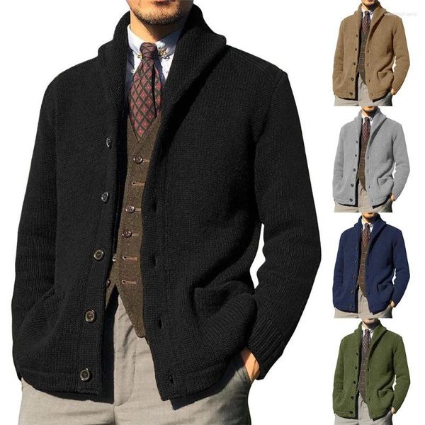 Suéteres para hombre, suéter de otoño e invierno, cárdigan de punto de manga larga de Color sólido, chaqueta con botones de un solo pecho, 2023