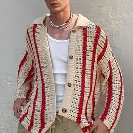 Pulls pour hommes 2023 automne tendance hommes chemises en tricot mode rayé Jacquard Cardigan hauts pour hommes printemps Vintage boutonné revers tricoté