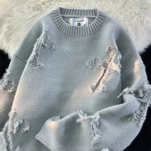 Sweaters masculinos 2023 otoño y2k streetwear hombres con agujero retro suéter con flecos suelto versátil para y mujeres manga larga