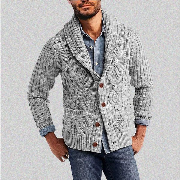 Pulls pour hommes 2023 Cardigan Pull Automne Hiver Mode Solide Col Châle Cardigans Bouton Câble Tricoté Manteau Décontracté 231011