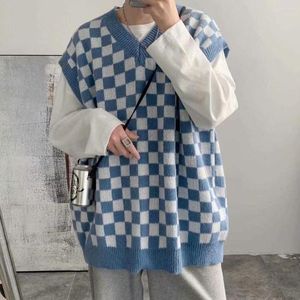 Hommes chandails 2023 damier pull gilet automne coréen tricots ample Boutique vêtements Simple Style hommes vêtements