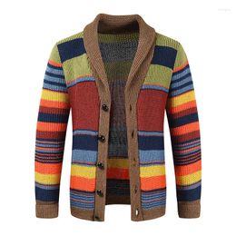 Männer Pullover 2023 Kontrast Farbe Gestreiften Bunten Pullover Jacke Herbst Und Winter Revers Block Gestrickte Strickjacke