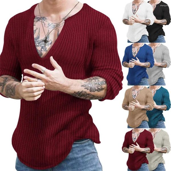 Pulls pour hommes 2023 Europe et États-Unis Hommes Casual Confortable Automne Hiver Col V profond Slim Manches longues Couleur Solide Base de tricot Sh