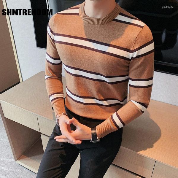 Sweaters para hombres 2023 Hombres Autumn Casual Slim Fit Stripe Knitting Algodón Manga larga Redonda Redonda Macho Completo Naranja