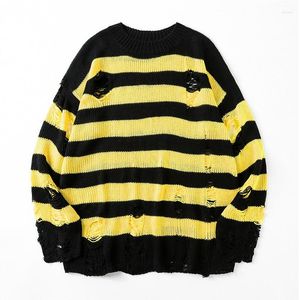 Pulls pour hommes 2023 Ripped Hole Hip Hop Punk Pull rayé Hommes Femmes Noir Jaune Stripe Gothic Vintage Pull Jersey Hombre