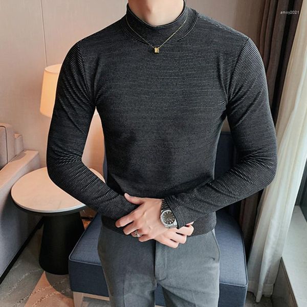 Suéteres para hombre 2023 primavera y otoño rayas oscuras cuello medio alto engrosada camiseta de manga larga parte inferior delgada con parte superior gris