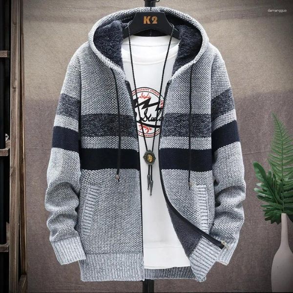 Suéteres para hombres 2023 Cardigan a rayas Suéter de invierno con capucha Piel sintética Lana Blusa fría Casual Cortavientos Fleece Jumper Knit Chaqueta coreana