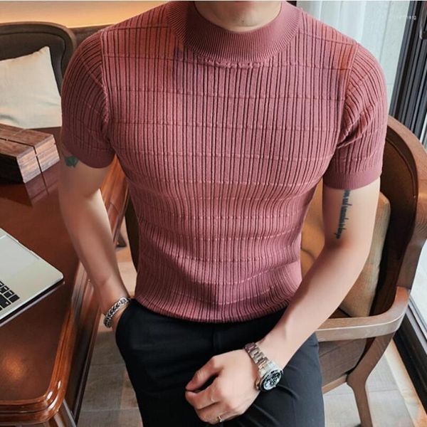 Hommes chandails 2023 été tricoté T-shirt hommes mince à manches courtes pull demi col roulé t-shirt décontracté hauts Streetwear bas chemise vêtements